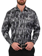 Camisa Vaquera Mariscal con estampado en Corte Americano - Camisa vaquera de manga larga para hombre con diseño estampado exclusivo Mariscal, corte americano, disponible en dorado, blanco y negro, imagen 9