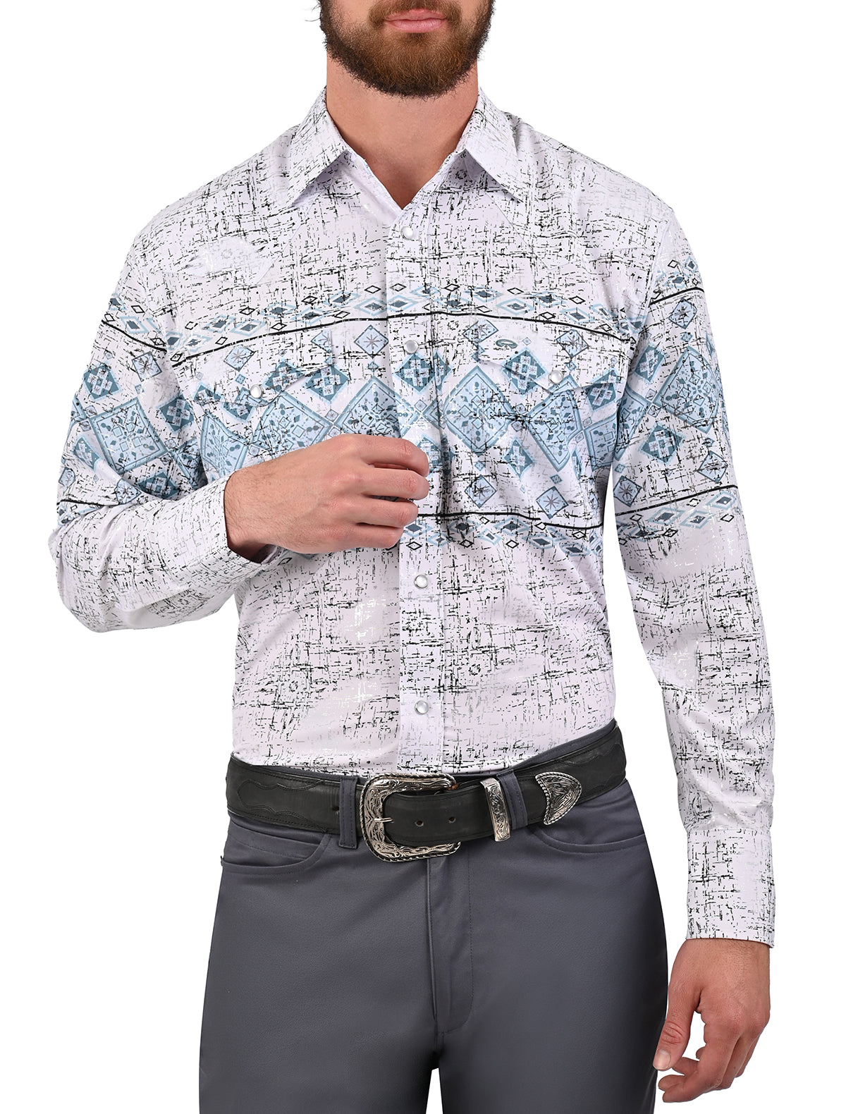 Camisa Vaquera Mariscal con estampado en Corte Americano - Camisa vaquera de manga larga para hombre con diseño estampado, corte americano, 97% poliéster 3% elastano, imagen 5