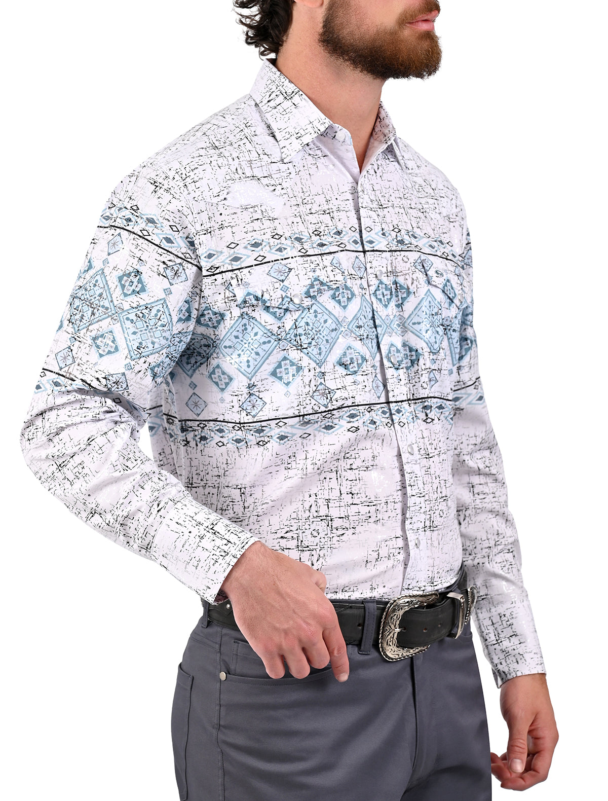 Camisa Vaquera Mariscal con estampado en Corte Americano - Camisa vaquera de manga larga para hombre con diseño estampado, corte americano, 97% poliéster 3% elastano, imagen 6