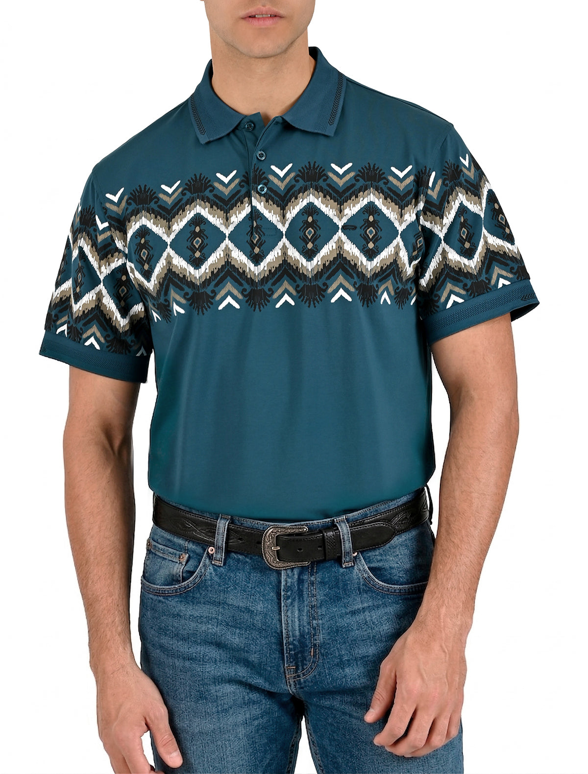 Polo de hombre Mariscal con estampado geométrico étnico en color teal azul, manga corta