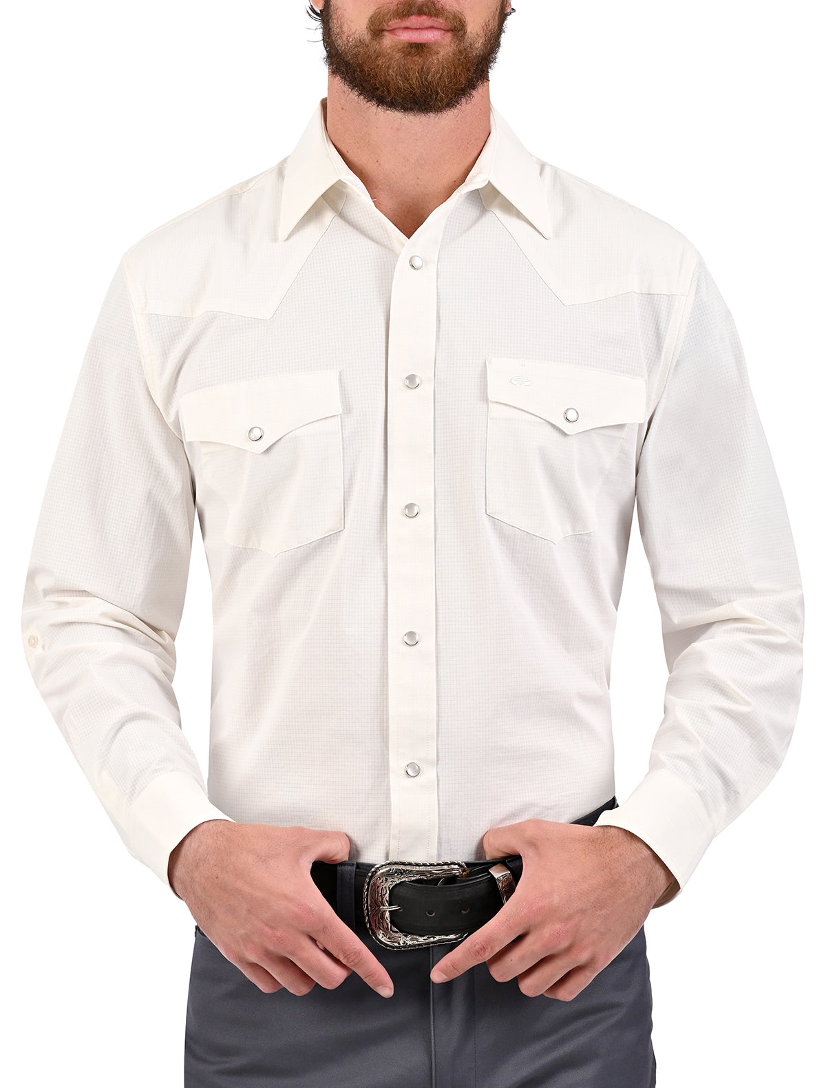 Camisa vaquera Airtek Sierra Mariscal color blanco con broches snap, manga larga, bolsillos frontales, tela ligera Airtek
