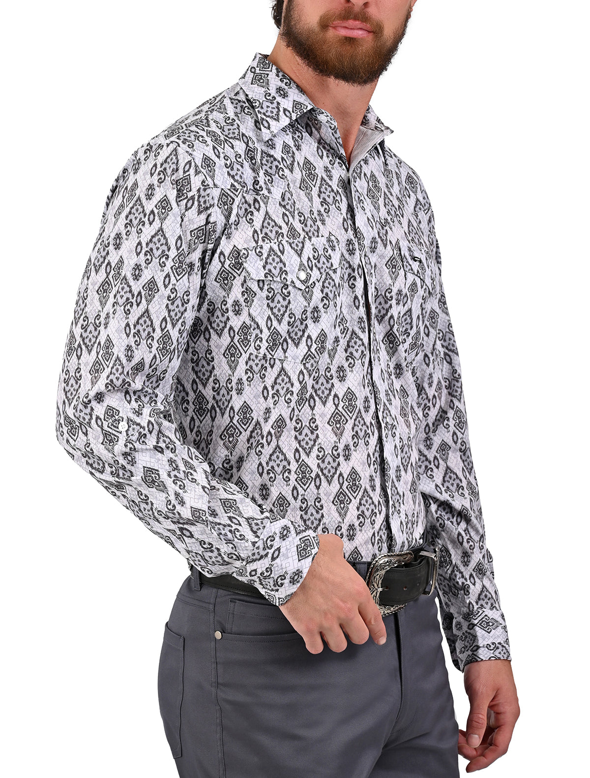 Camisa Vaquera Airtek Cascabel - Camisa vaquera de manga larga para hombre con tejido Airtek, diseño estampado tipo piel de cascabel, 88% poliamida 12% elastano, colores beige y blanco, imagen 8