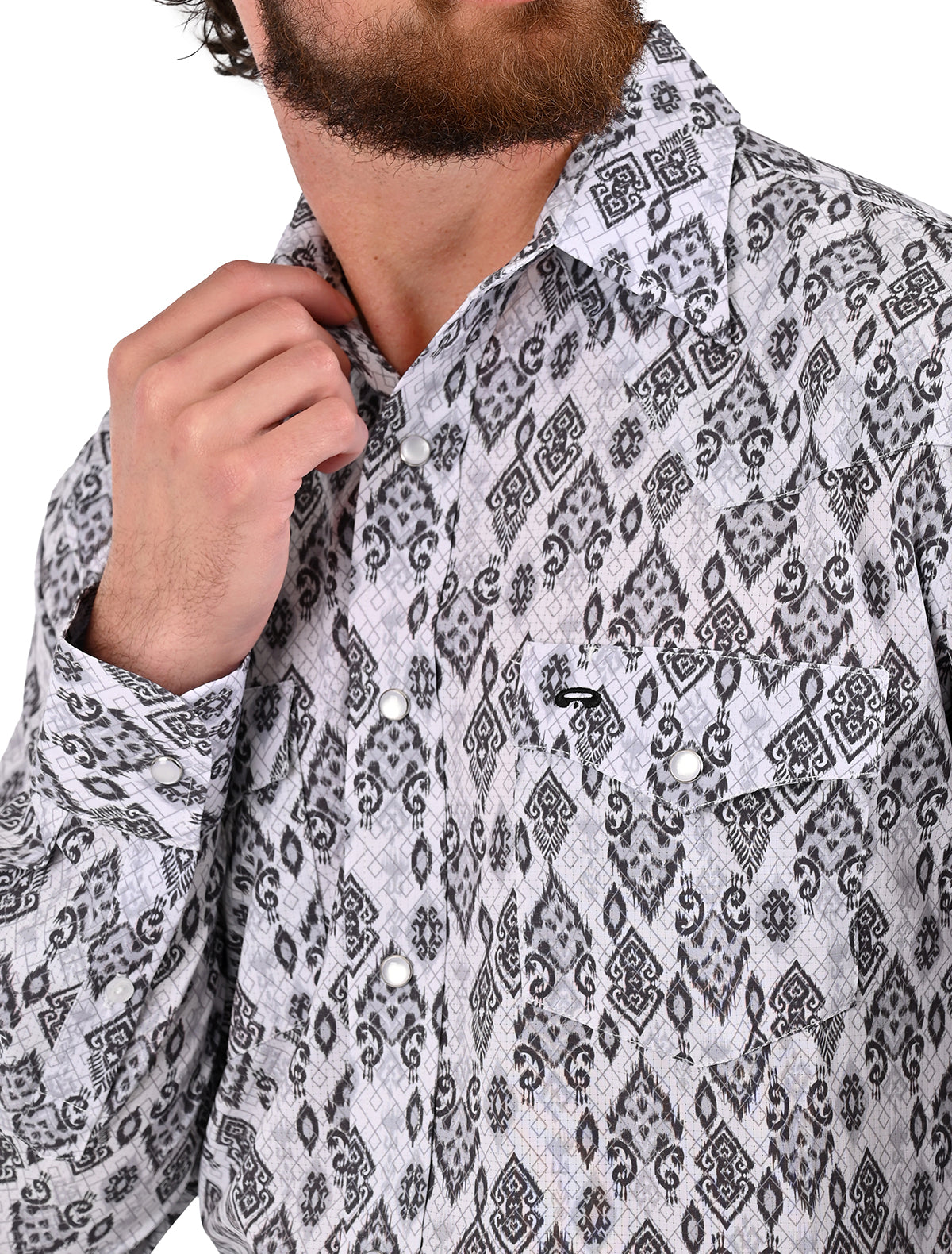 Camisa Vaquera Airtek Cascabel - Camisa vaquera de manga larga para hombre con tejido Airtek, diseño estampado tipo piel de cascabel, 88% poliamida 12% elastano, colores beige y blanco, imagen 9