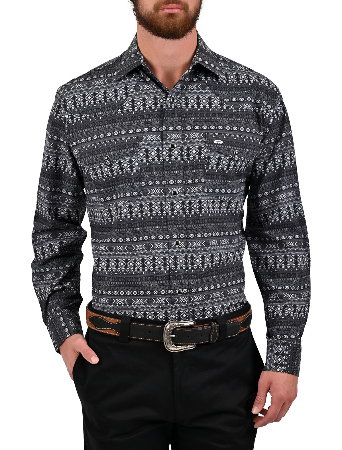 Camisa Vaquera Airtek Terra - Camisa vaquera de manga larga para hombre con tejido Airtek, diseño estampado geométrico tipo étnico, colores beige y negro, imagen 7