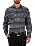 Camisa Vaquera Airtek Terra - Camisa vaquera de manga larga para hombre con tejido Airtek, diseño estampado geométrico tipo étnico, colores beige y negro, imagen 7