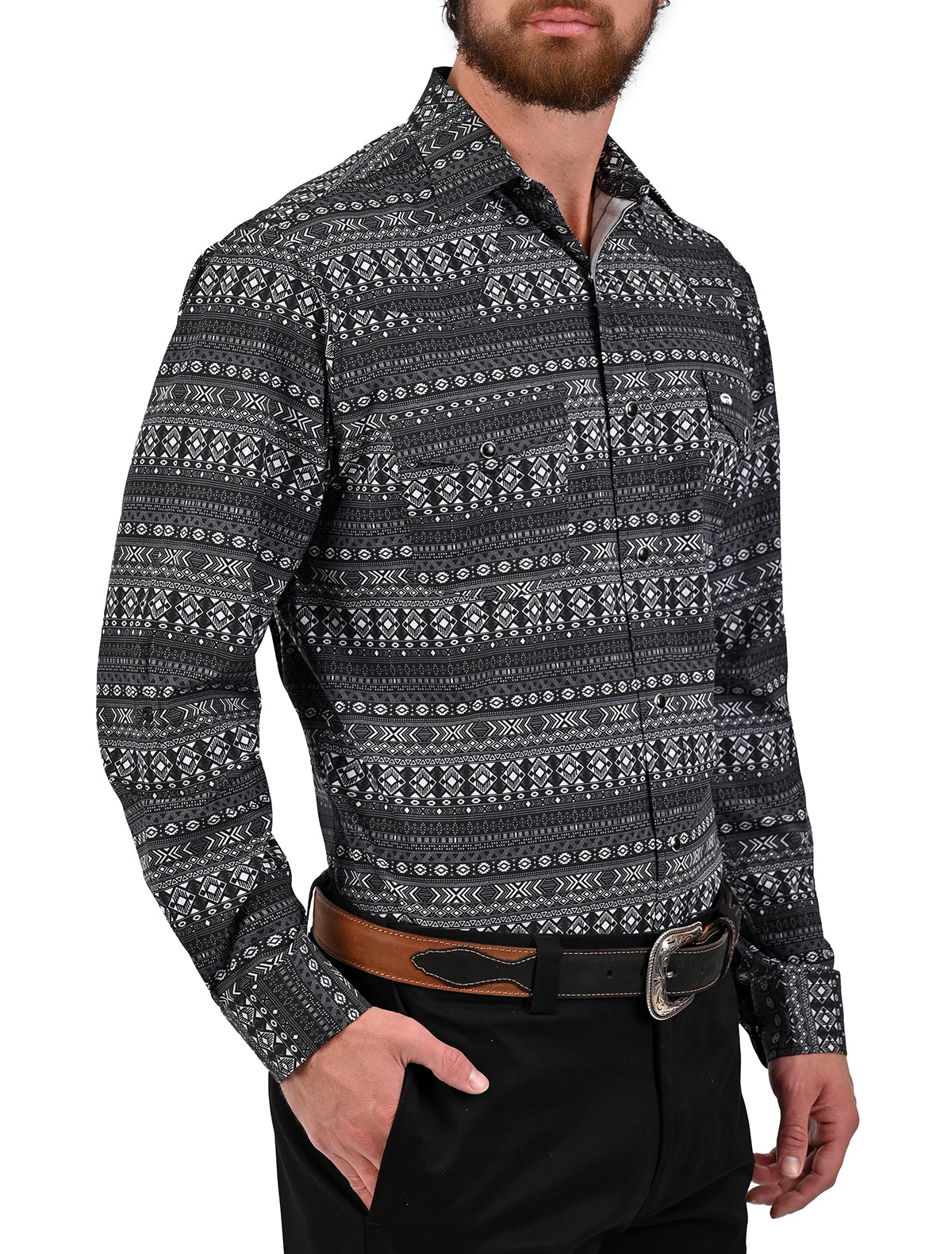 Camisa Vaquera Airtek Terra - Camisa vaquera de manga larga para hombre con tejido Airtek, diseño estampado geométrico tipo étnico, colores beige y negro, imagen 8