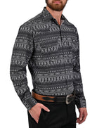 Camisa Vaquera Airtek Terra - Camisa vaquera de manga larga para hombre con tejido Airtek, diseño estampado geométrico tipo étnico, colores beige y negro, imagen 8