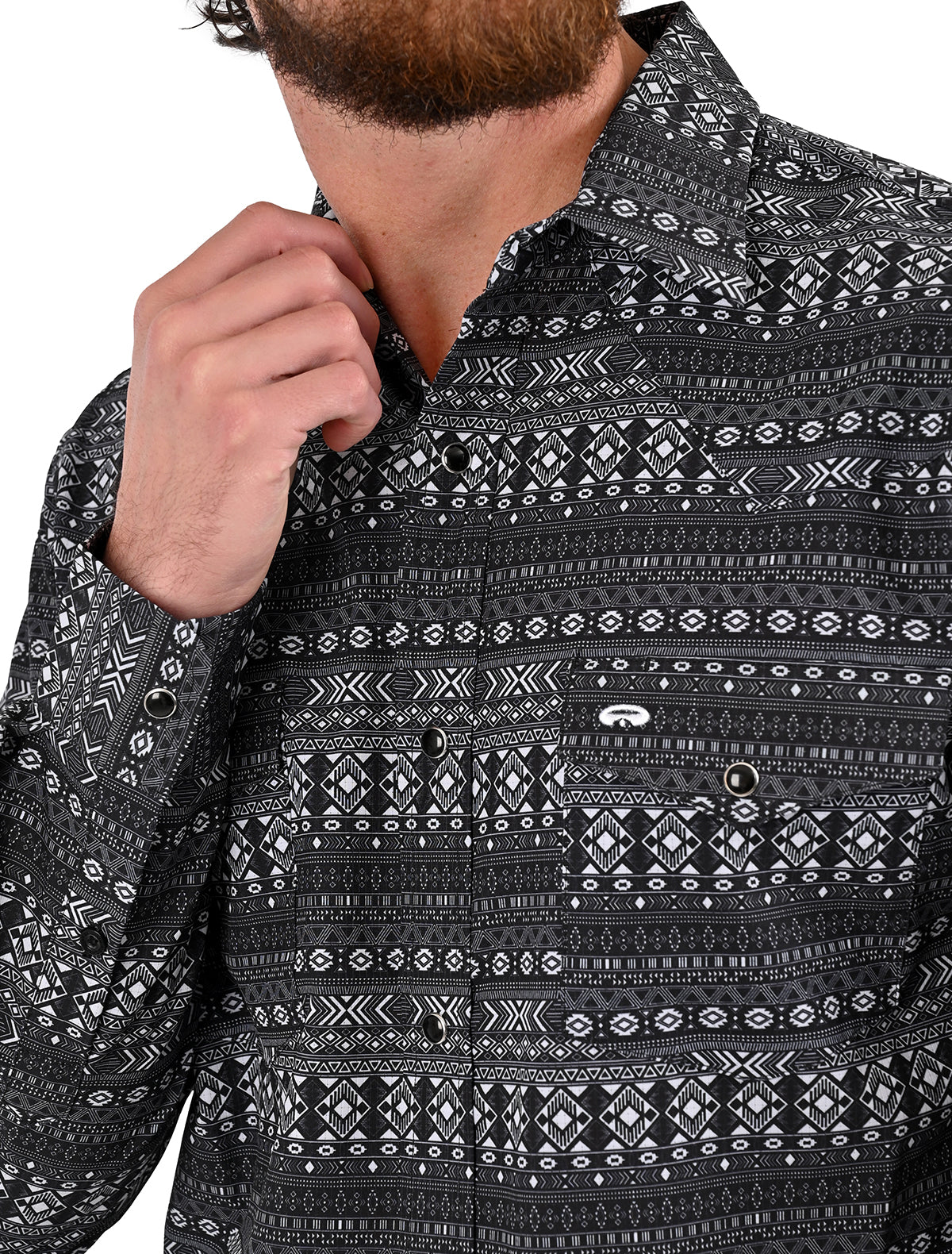 Camisa Vaquera Airtek Terra - Camisa vaquera de manga larga para hombre con tejido Airtek, diseño estampado geométrico tipo étnico, colores beige y negro, imagen 10