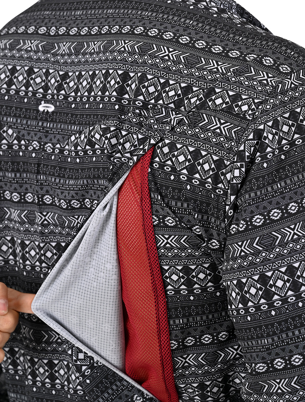 Camisa Vaquera Airtek Terra - Camisa vaquera de manga larga para hombre con tejido Airtek, diseño estampado geométrico tipo étnico, colores beige y negro, imagen 9